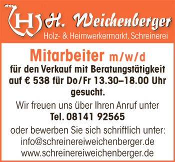 Stellenanzeige Schreinerei Weichenberger | Mitarbeiter m/w/d für den Verkauf mit Beratungstätigkeit | Fürstenfeldbruck