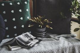 Sitzecke mit grauer Decke, Kissen, einer Zimmerpflanze und Büchern