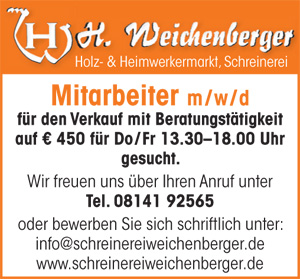 Stellenanzeige Schreinerei Weichenberger | Mitarbeiter m/w/d für den Verkauf mit Beratungstätigkeit auf € 450 | Fürstenfeldbruck