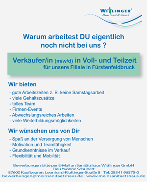 Stellenanzeige Sanitätshaus Wittlinger GmbH | Verkäufer/in (m/w/d) in Voll- und Teilzeit | Fürstenfeldbruck