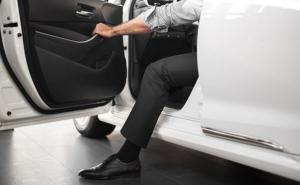 Ein Mann im Anzug öffnet die Tür einer Limousine.