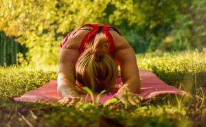 Eine Frau macht Yoga-Übungen auf einer grünen Wiese.
