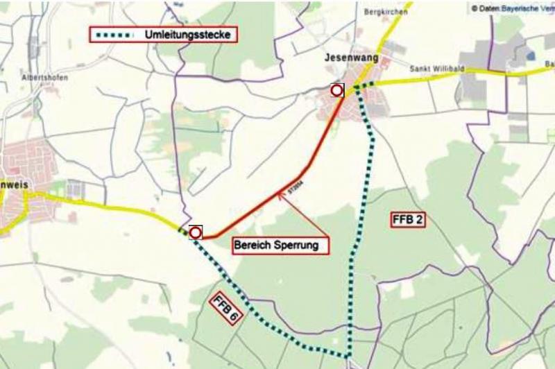 Das Staatliche Bauamt Freising und die Gemeinde Jesenwang beabsichtigen, die Ortsdurchfahrt Jesenwang im Zuge der Staatsstraße 2054 in einem ersten Bauabschnitt zu erneuern. Zur Durchführung der Arbeiten wird die Staatsstraße in der Ortsdurchfahrt Jesenwang voll gesperrt. 