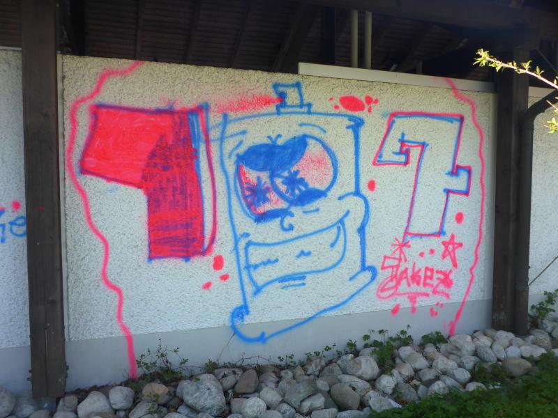 In der Nacht auf Karfreitag verschandelten „Künstler“ die Außenfassade des Mammendorfer Freibads. Auf einer Fläche von ca. 6 x 2 Metern besprühten sie die Wand mit einem zweifelhaften Kunstwerk. Der Schaden zur Wiederherstellung wird mit mindestens 300 Euro beziffert.