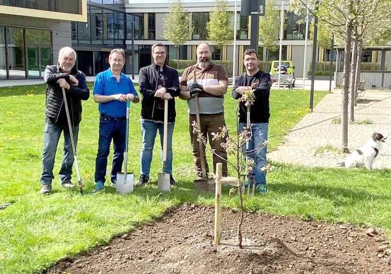 Der Park um Gilchings Rathaus herum ist mittlerweile ein beliebter Treffpunkt für Spaziergänger mit und ohne Hund sowie für spielende Kinder geworden. Da kam Roland Schrafstetter, CSU-Ortsvorsitzender, auf die Idee, als Bereicherung sechs Apfelbäume zu pflanzen. 