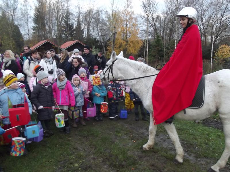 Franzi hasch als heiliger St.Martin besuchte in ihrem roten Mantel die Kinder des kath. Kindergarten St. Mauritius auf ihrem Pferd.