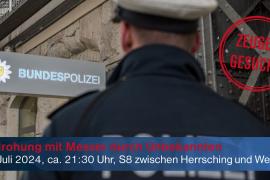 – Am Freitagabend, den 26. Juli, kam es in einer S8 zwischen Herrsching und Weßling zu einer Bedrohung mit einem Messer durch einen noch unbekannten Täter. Im Tatverlauf wurde ein 33-Jähriger an der Hand verletzt. Die Bundespolizei bittet um Mithilfe der Bevölkerung und sucht Zeugen sowie Personen die Hinweise zum Täter geben können.  